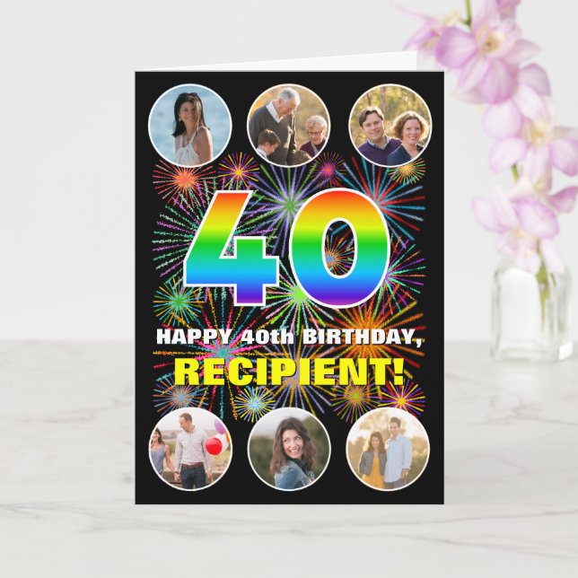40th Birthday: Fun Rainbow #, Custom Name & Photos Card (Orchid)
