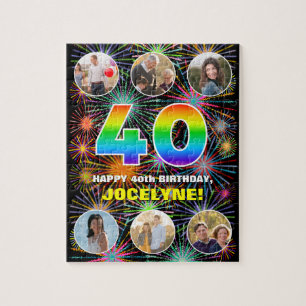 40th Birthday: Fun Rainbow #, Custom Name + Photos Jigsaw Puzzle
