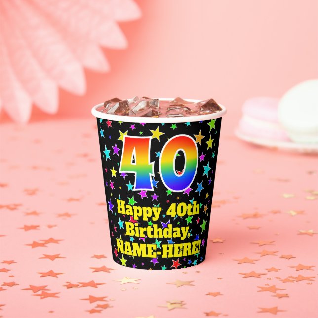 40th Birthday: Fun Stars Pattern and Rainbow 40 Paper Cups (Insitu)