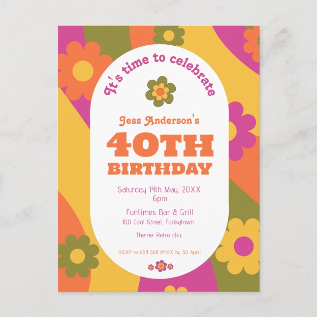 40th Birthday funky floral invitation  Postcard (Front)