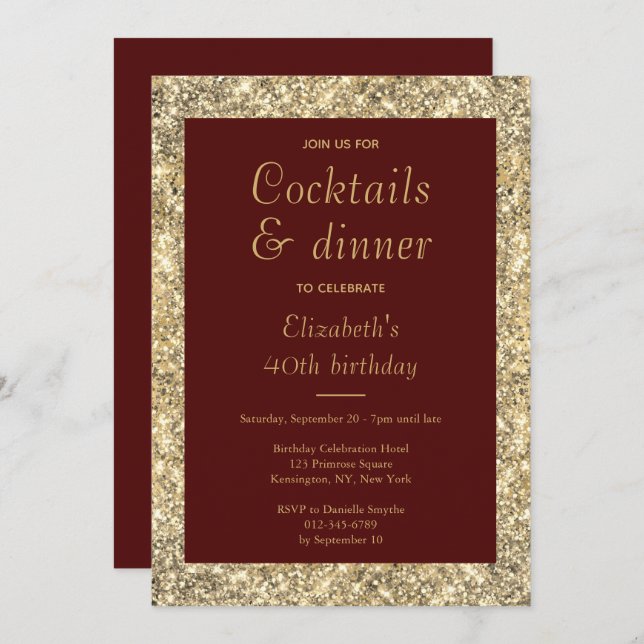 40th Birthday Glam Burgundy Gold  Invitation (Front/Back)