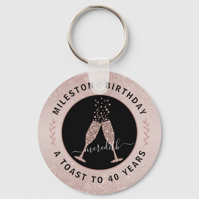 40th Birthday Glitter Ombre Champagne Toast Keychain (Front)