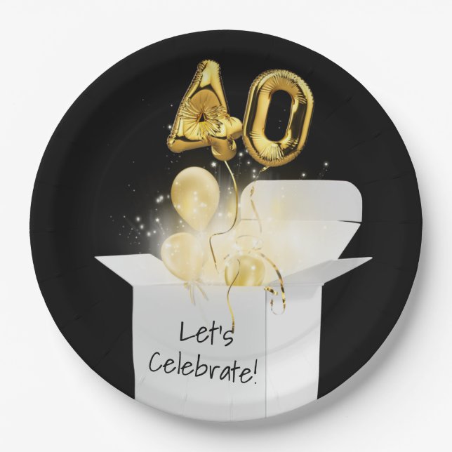 40th Birthday Gold Balloons In White Box     Paper Plate (Front)