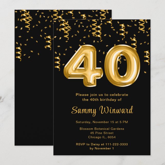 40th Birthday Gold Balloons with Confetti Invitation (Front/Back)
