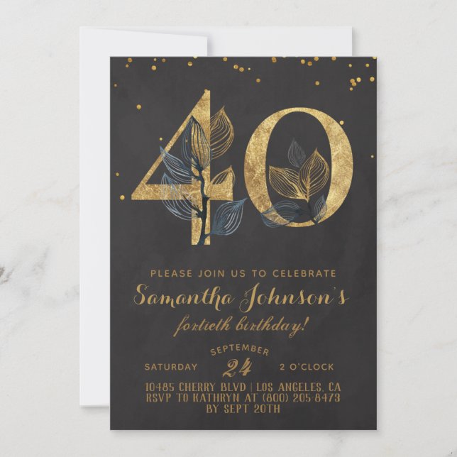 40th Birthday Gold Floral Invitation (Front)
