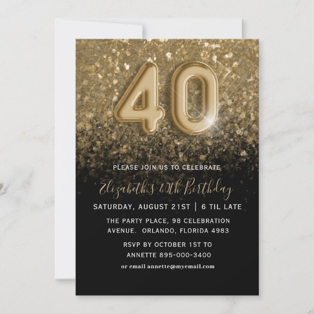 40th Birthday Gold Glitter & Black Party Invitation (Front)
