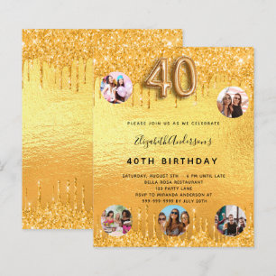 40th Birthday gold glitter drips photo invitation