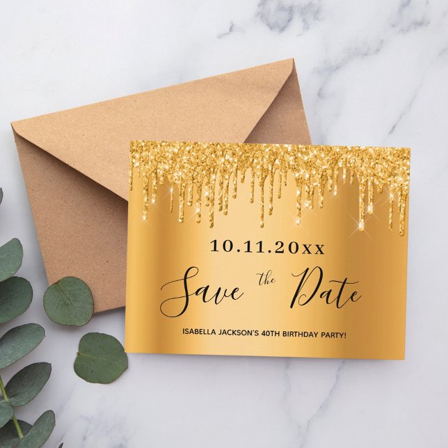40th birthday gold glitter save the date postcard (Creator Uploaded)