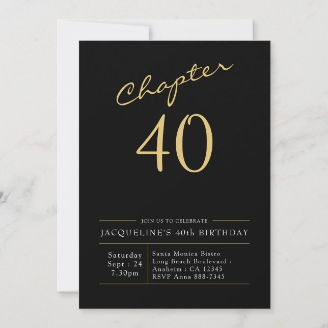 40th Birthday Gold Modern Script Black Invitation (Front)