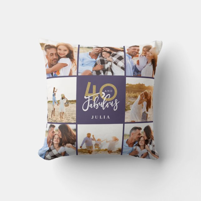 40th birthday gold purple photo collage birthday  throw pillow (Front)