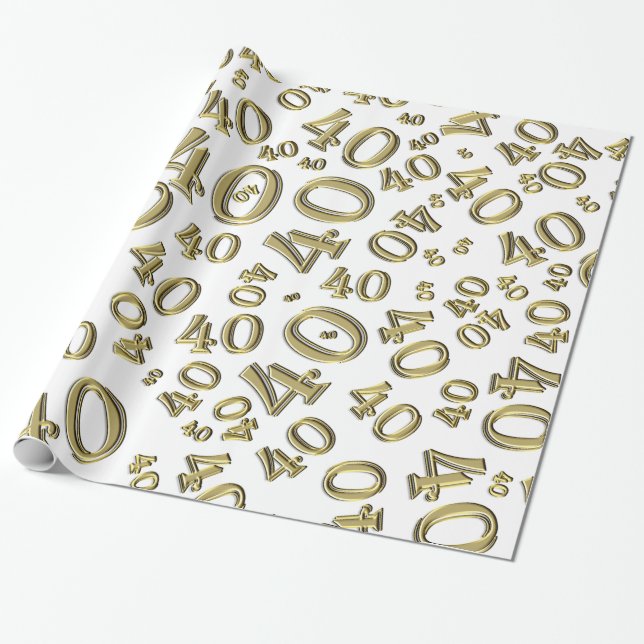40th Birthday Gold/White Random Number Pattern 40 Wrapping Paper (Unrolled)