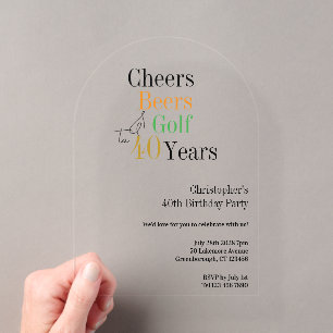 40th Birthday Golf Cheers Beers Party Acrylic Invitations