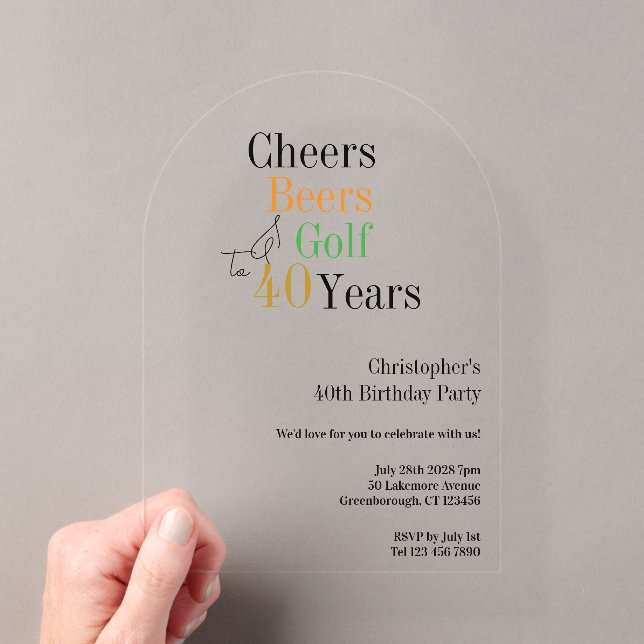40th Birthday Golf Cheers Beers Party Acrylic Invitations (Insitu (Handheld))