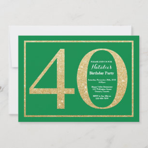 40th Birthday Green and Gold Glitter Invitation