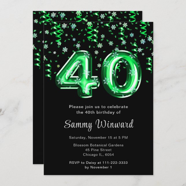 40th Birthday Green Balloons Snowflake Confetti Invitation (Front/Back)