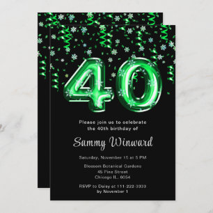 40th Birthday Green Balloons Snowflake Confetti Invitation