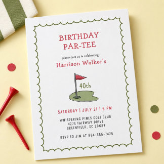 40th Birthday Green Hand Drawn Golf Par-Tee Invitation
