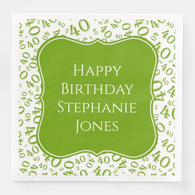 40th Birthday Green/White Bracket Number Pattern Napkin (Front)