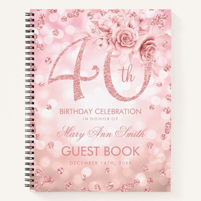 40th Birthday Guestbook Rose Gold Glam Lights Notebook (Front)