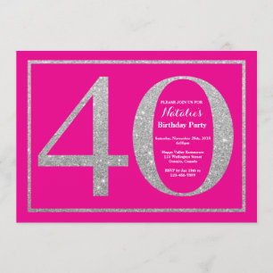 40th Birthday Hot Pink and Silver Glitter Invitation