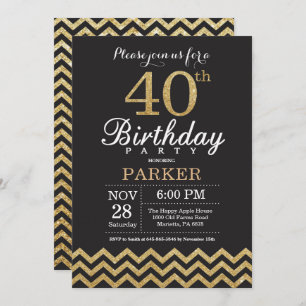 40th Birthday Invitation Black and Gold Glitter