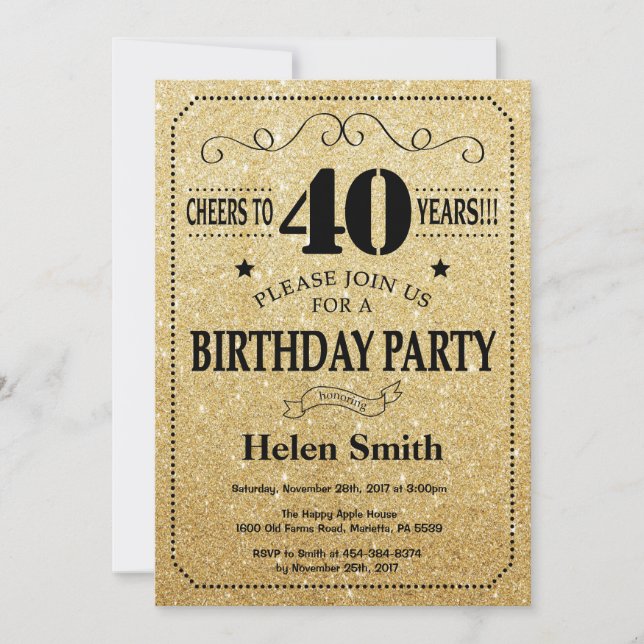 40th Birthday Invitation Black and Gold Glitter (Front)