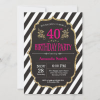 40th Birthday Invitation. Black and Gold Glitter