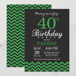 40th Birthday Invitation Black and Green Chevron