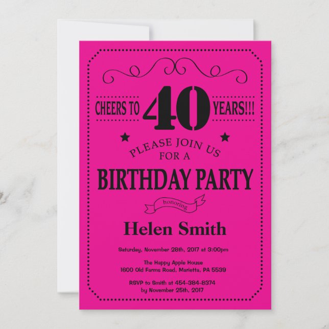 40th Birthday Invitation Black and Hot Pink (Front)