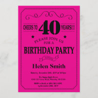 40th Birthday Invitation Black and Hot Pink