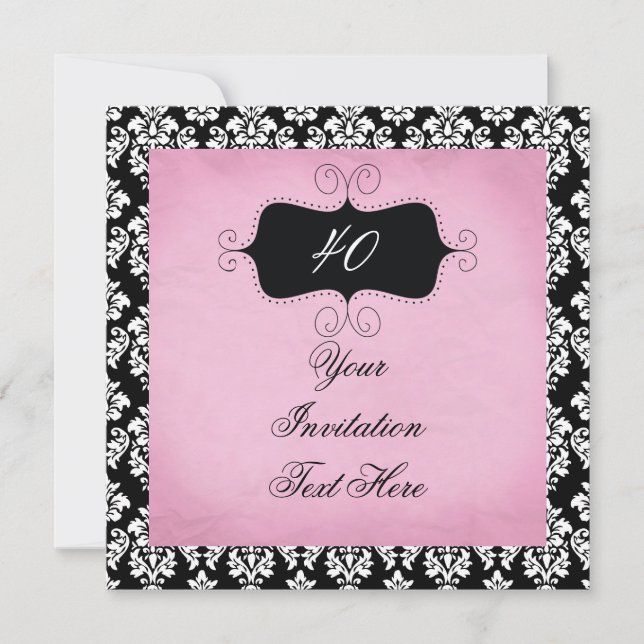 40th Birthday Invitation Black and Pink Damask (Front)