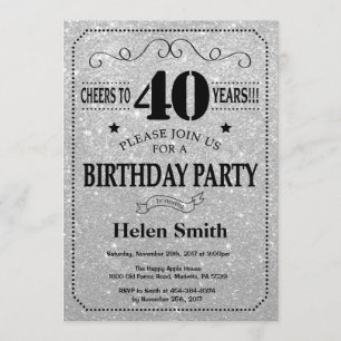 40th Birthday Invitation Black and Silver Glitter