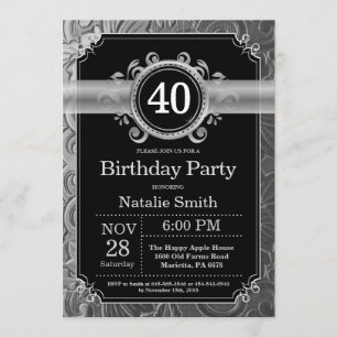 40th Birthday Invitation Black and Silver Glitter
