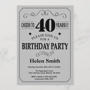 40th Birthday Invitation Black and Silver Grey