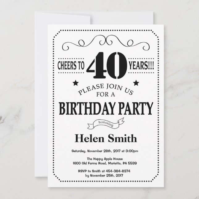 40th Birthday Invitation Black and White (Front)