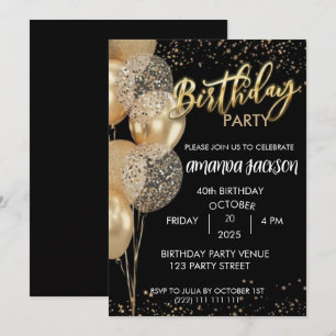 40th Birthday Invitation Black Gold Balloons