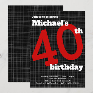 40th Birthday Invitation Black with Red Accent,