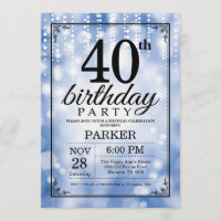 40th Birthday Invitation Blue Glitter