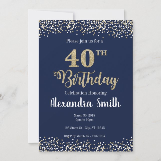 40th Birthday Invitation - Blue with gold glitter (Front)