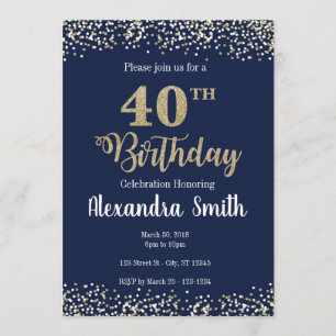 40th Birthday Invitation - Blue with gold glitter