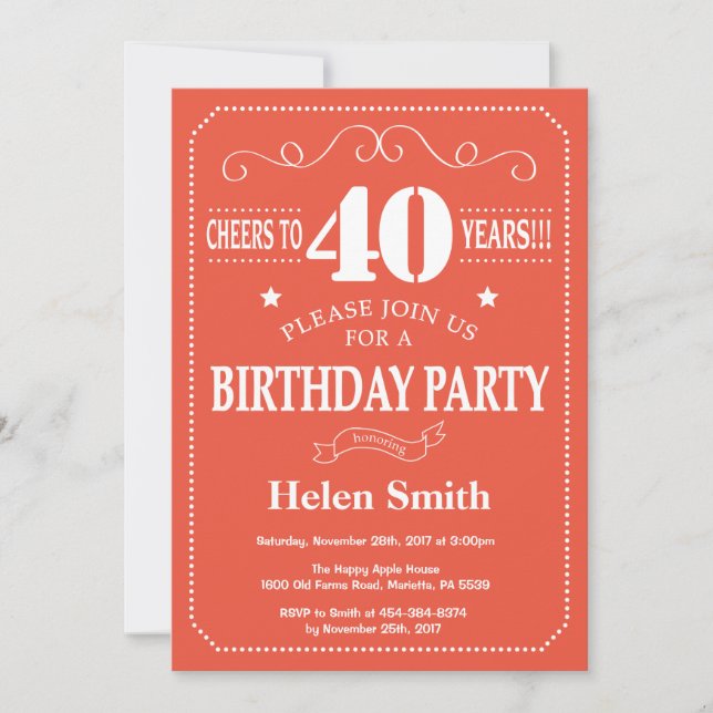40th Birthday Invitation Burgundy Orange and White (Front)