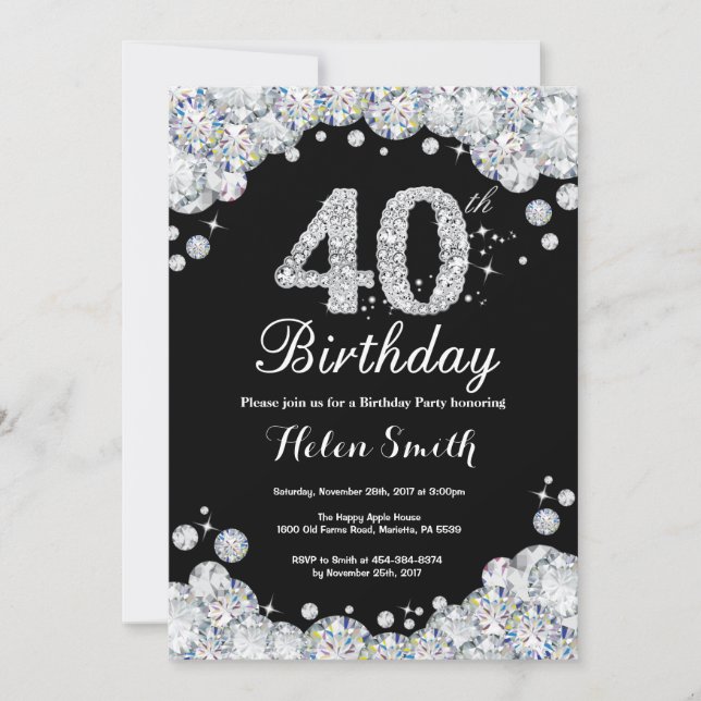 40th Birthday Invitation Chalkboard Silver Diamond (Front)