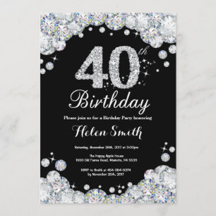 40th Birthday Invitation Chalkboard Silver Diamond
