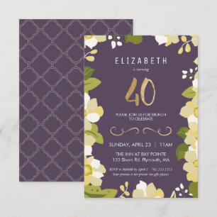 40th Birthday Invitation, Customize Floral w/ Gold Invitation