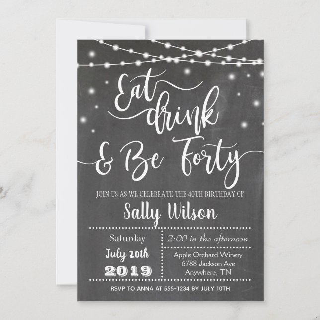 40th Birthday Invitation Eat Drink and Be 40 (Front)