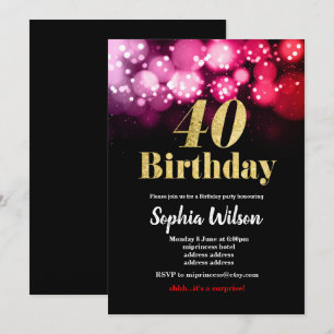 40th birthday invitation elegant glitter pink red