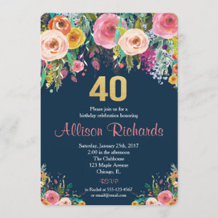 40th birthday invitation floral watercolor navy