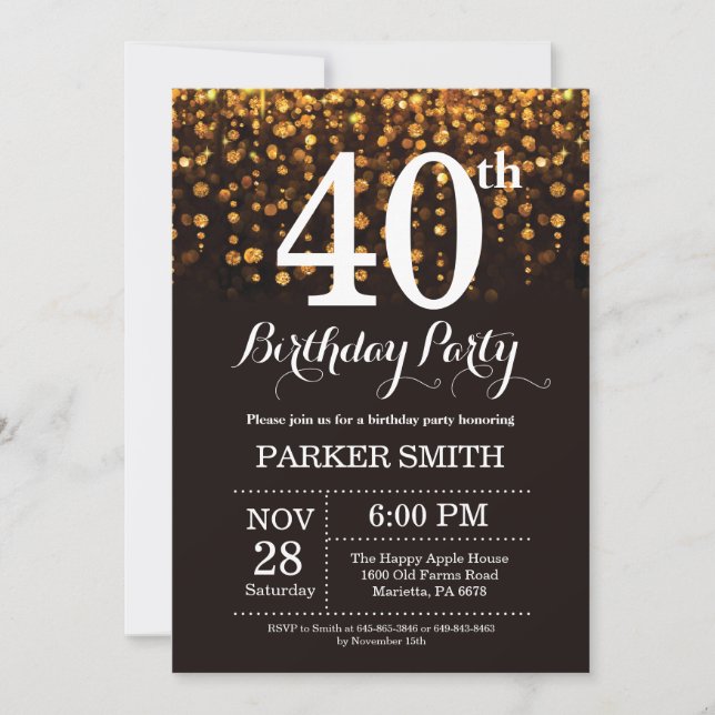 40th Birthday Invitation Gold Glitter (Front)