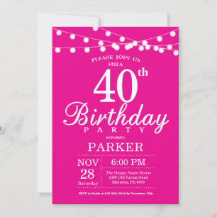 40th Birthday Invitation Hot Pink