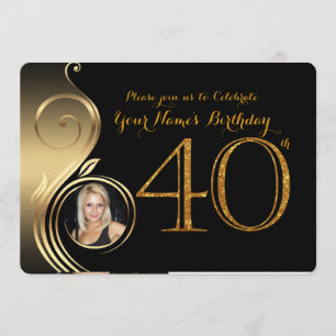 40th,Birthday Invitation,Number Glitter Gold,Photo Invitation